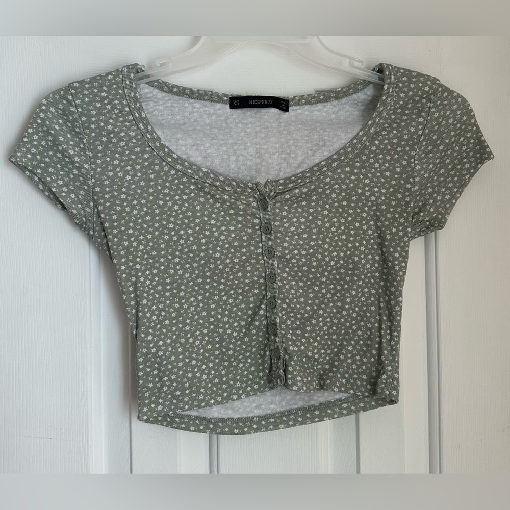 Green and white floral top